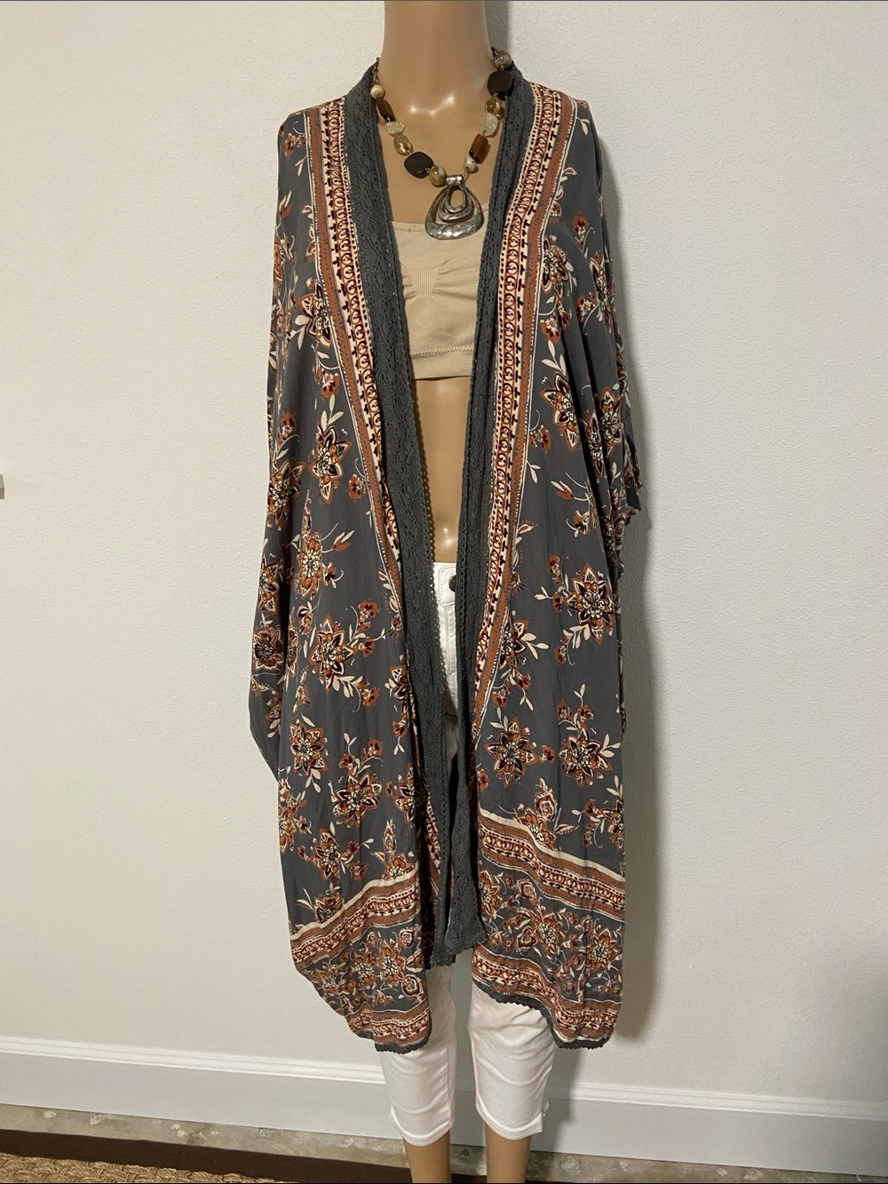 Angie Floral Boho Grey and Rust Open Front Kimono Sz S